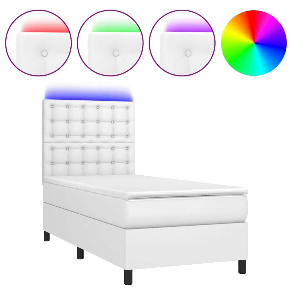 vidaXL Κρεβάτι Boxspring με Στρώμα & LED Λευκό 90x200 εκ. Συνθ. Δέρμα