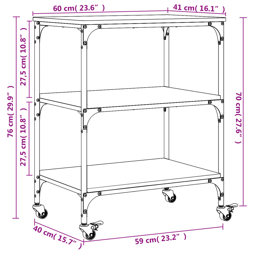 vidaXL Τρόλεϊ Κουζίνας Μαύρο 60 x 41 x 76 εκ. από Επεξεργασμένο Ξύλο