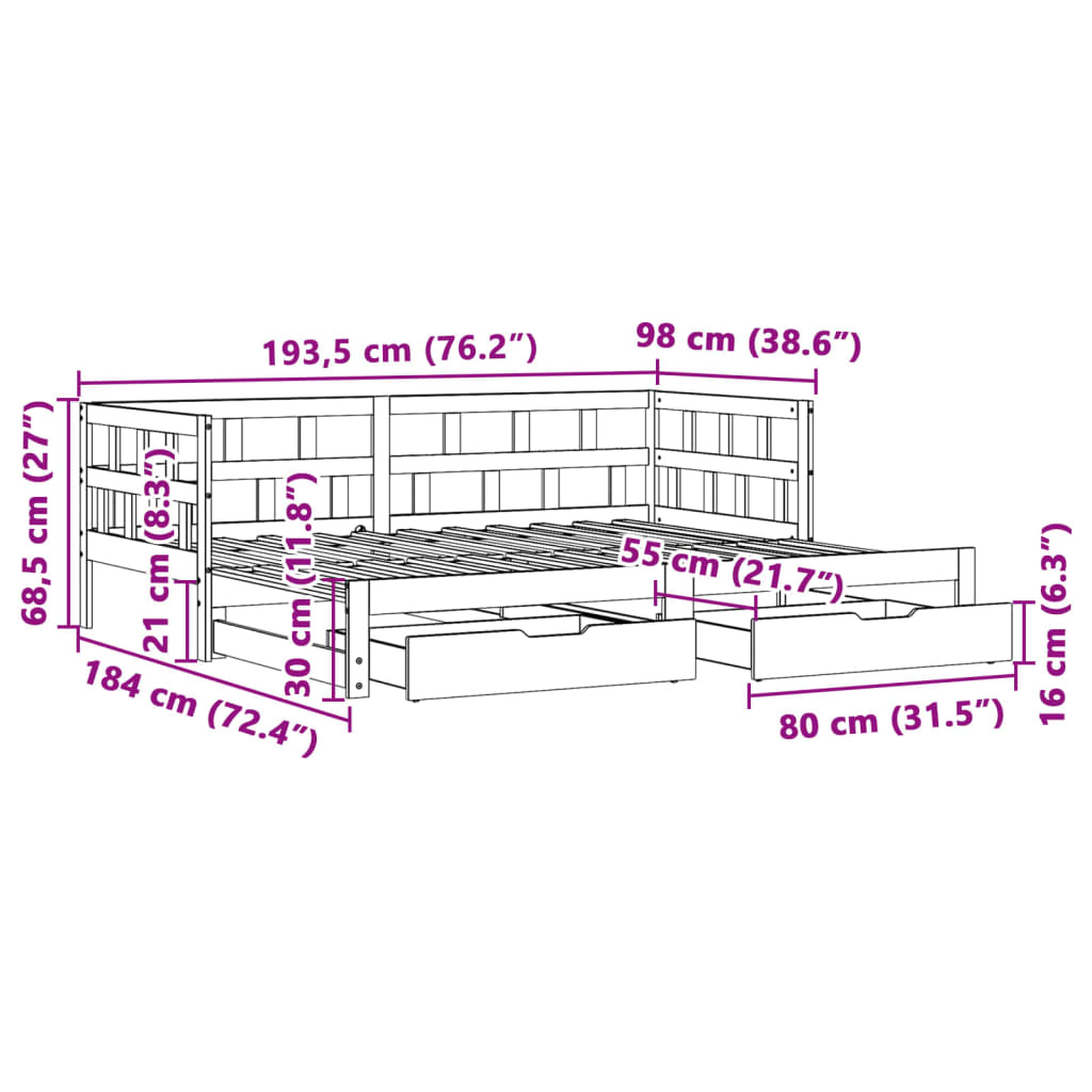 vidaXL Καναπές Κρεβάτι Συρόμενος Χωρίς Στρώμα 90x190 εκ. & Συρτάρια