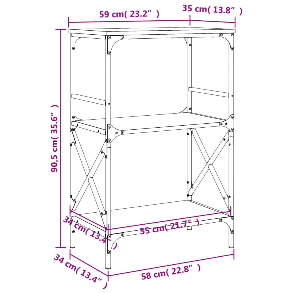 vidaXL Βιβλιοθήκη 3 Επιπέδων Καπνιστή Δρυς 59x35x90,5 εκ Επεξεργ. Ξύλο