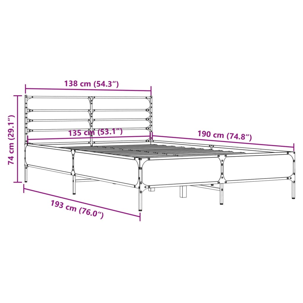 vidaXL Πλαίσιο Κρεβατιού Sonoma Δρυς 135x190 εκ. Επεξ. Ξύλο & Μέταλλο