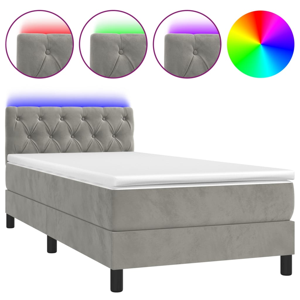 vidaXL Κρεβάτι Boxspring με Στρώμα & LED Αν.Γκρι 80x200 εκ. Βελούδινο