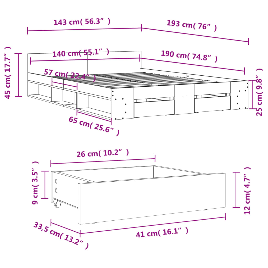 vidaXL Πλαίσιο Κρεβατιού με συρτάρια Sonoma Δρυς 140x190εκ. Επεξ. Ξύλο