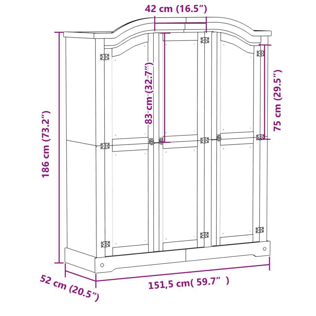 vidaXL Ντουλάπα Corona Λευκό 151,5x52x186 εκ. από Μασίφ Ξύλο Πεύκου