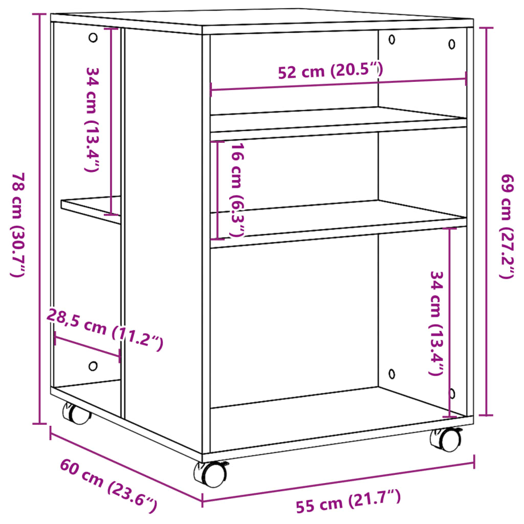 vidaXL Βοηθητικό Τραπέζι με Ρόδες Καφέ Δρυς 55x60x78 εκ. Επεξ. Ξύλο