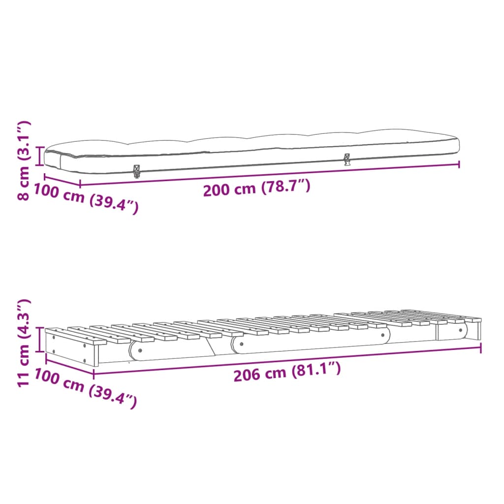 vidaXL Καναπές Κρεβάτι Futon/Στρώμα 100x206x11 Μασίφ Ξύλο Ψευδοτσούγκα