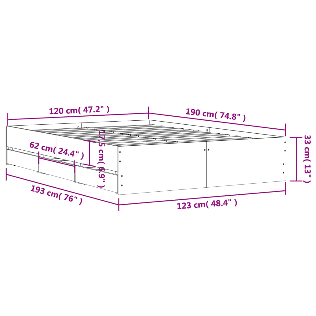 vidaXL Πλαίσιο Κρεβατιού με συρτάρια Γκρι sonoma 120x190εκ. Επεξ. Ξύλο