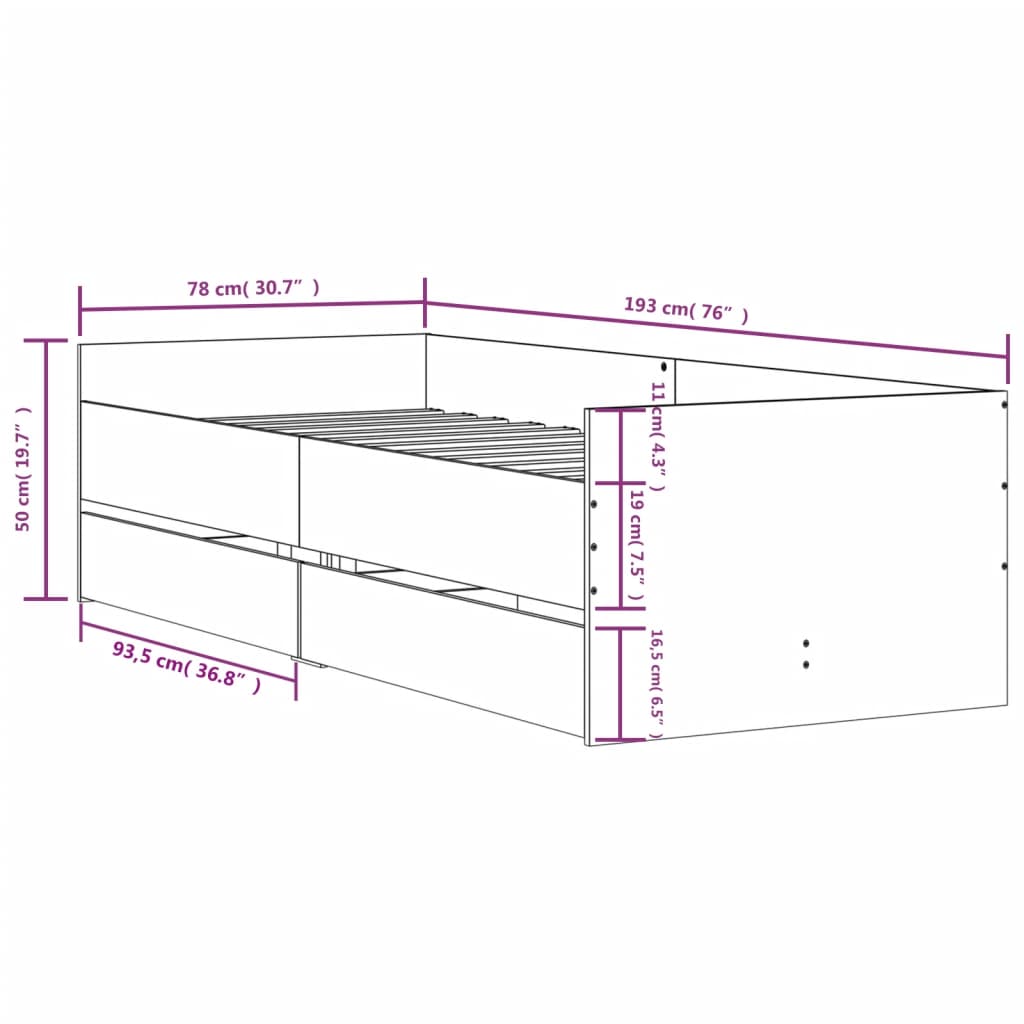 vidaXL Πλαίσιο Κρεβατιού Με Συρτάρια Δρυς 75x190 εκ Small Single