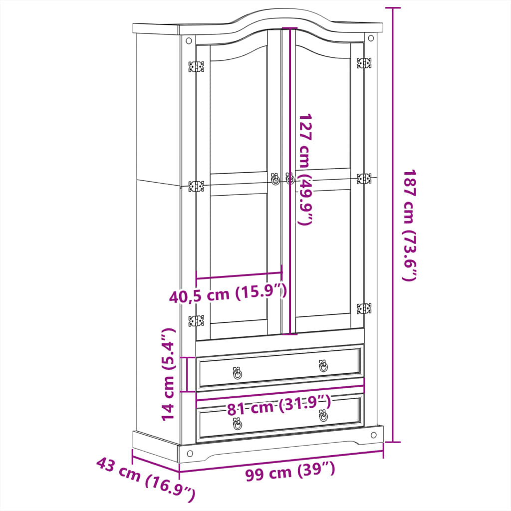 vidaXL Βιτρίνα Corona 99 x 43 x 187 εκ. από Μασίφ Ξύλο Πεύκου