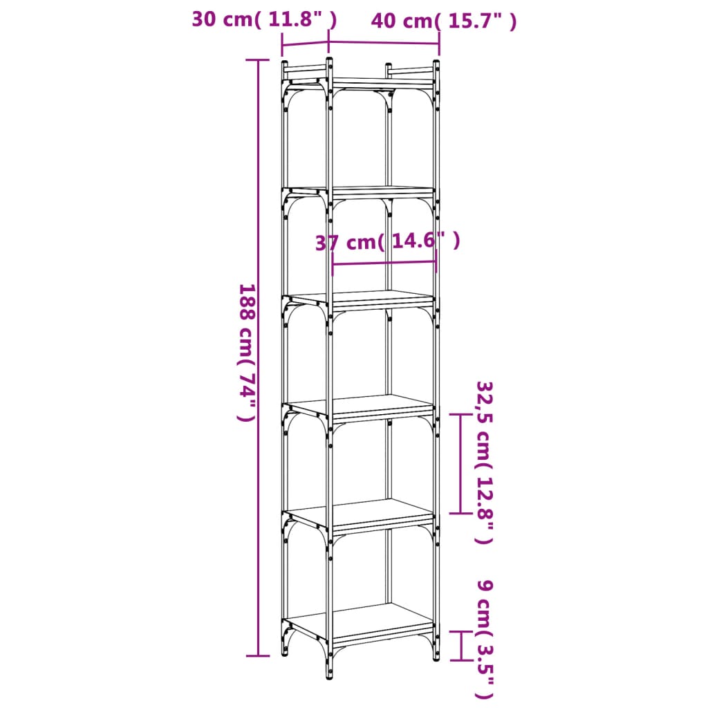 vidaXL Βιβλιοθήκη 6 Επιπέδων Γκρι Sonoma 40x30x188 εκ. Επεξεργ. Ξύλο