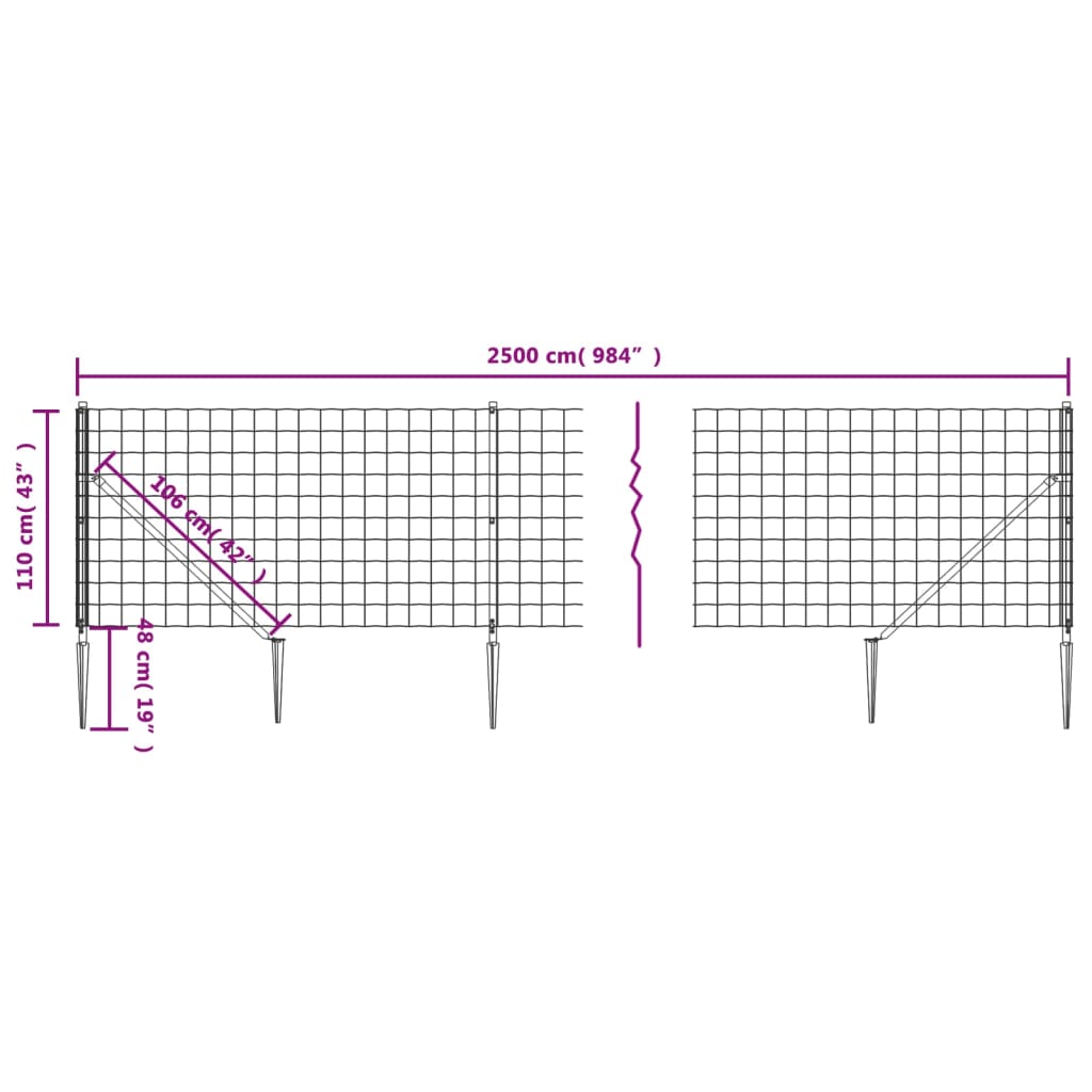 vidaXL Συρματόπλεγμα Περίφραξης Ανθρακί 1,1 x 25 μ. με Καρφωτές Βάσεις