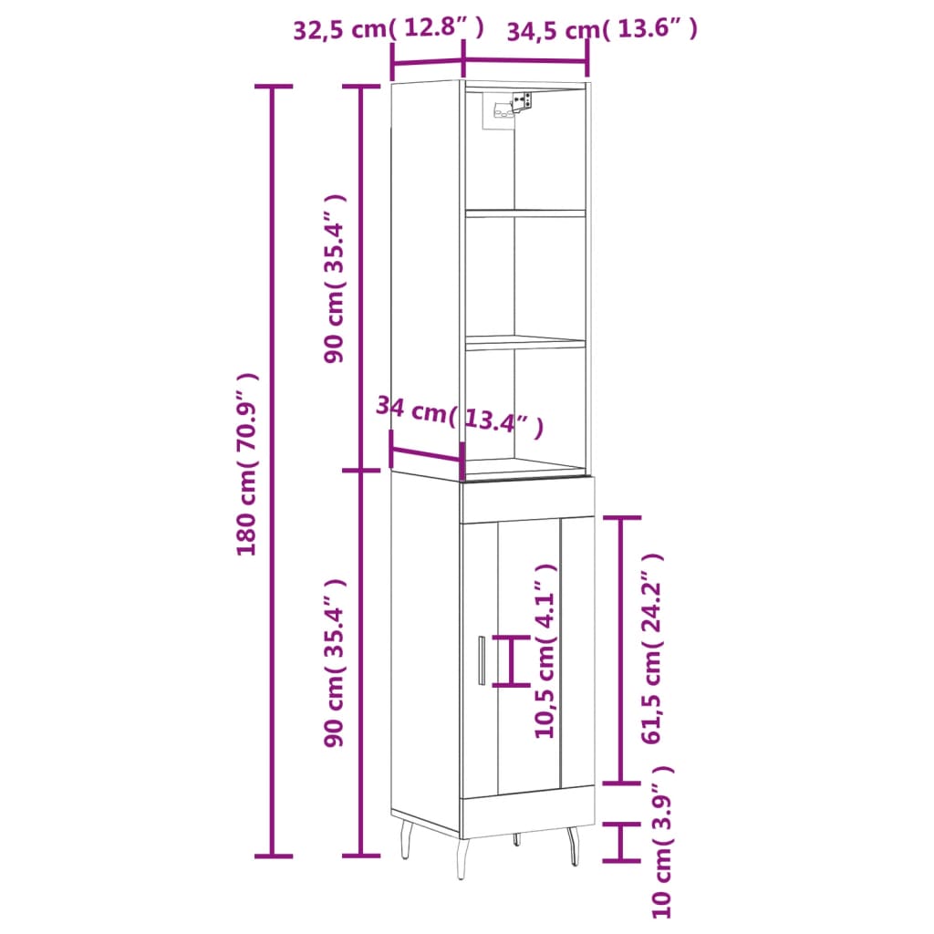 vidaXL Μπουφές Sonoma Γκρι 34,5 x 34 x 180 εκ. από Επεξεργασμένο Ξύλο