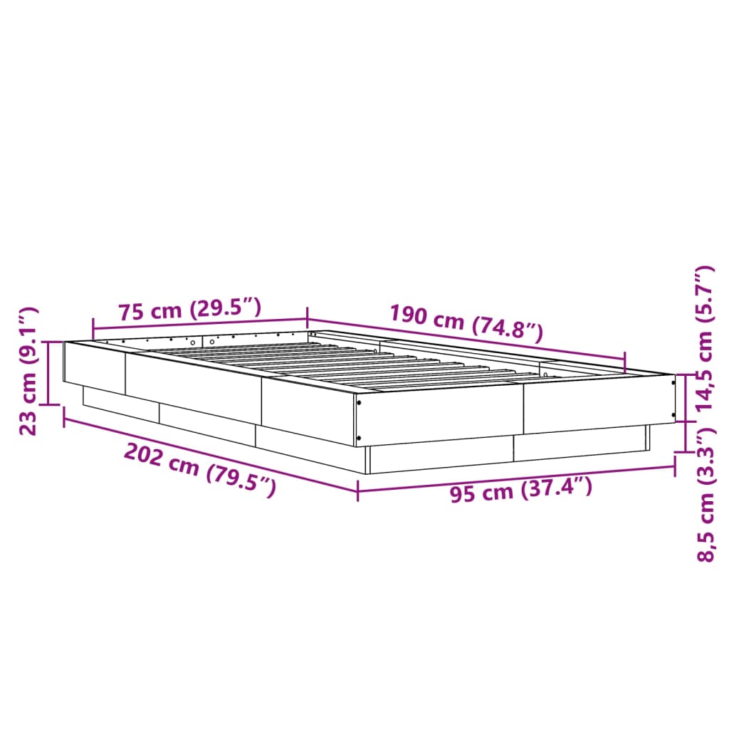 vidaXL Πλαίσιο Κρεβατιού με LED Καφέ Δρυς 75x190 εκ. Επεξεργ. Ξύλο