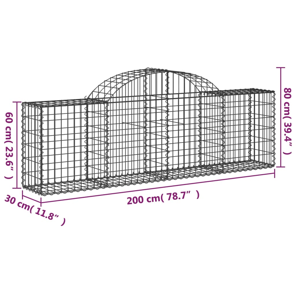 vidaXL Συρματοκιβώτια Τοξωτά 30 τεμ. 200x30x60/80 εκ. Γαλβαν. Ατσάλι