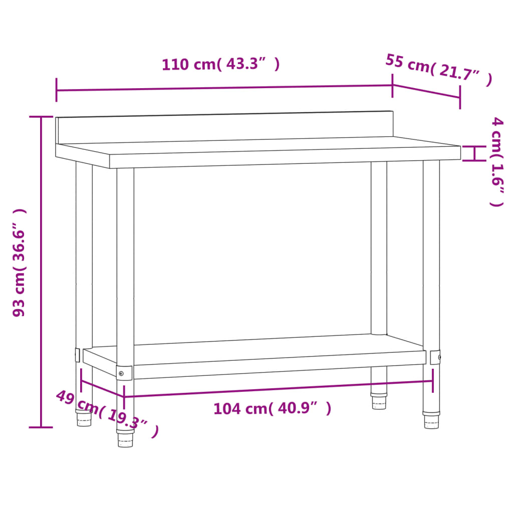 vidaXL Πάγκος Εργασίας Κουζίνας με Πλάτη 110x55x93 εκ. Ανοξείδ. Ατσάλι