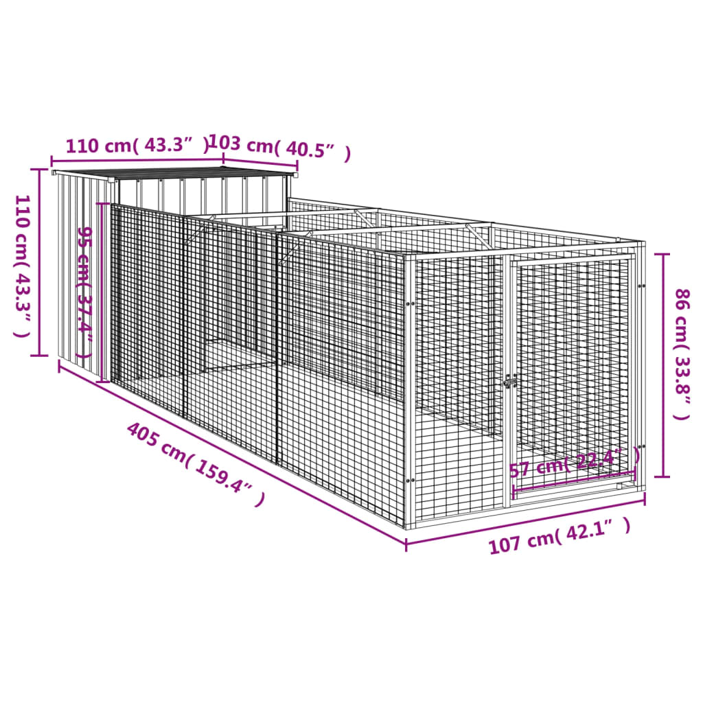 vidaXL Σπιτάκι Σκύλου με Αυλή Ανθρακί 110x405x110 εκ. Γαλβαν. Χάλυβας