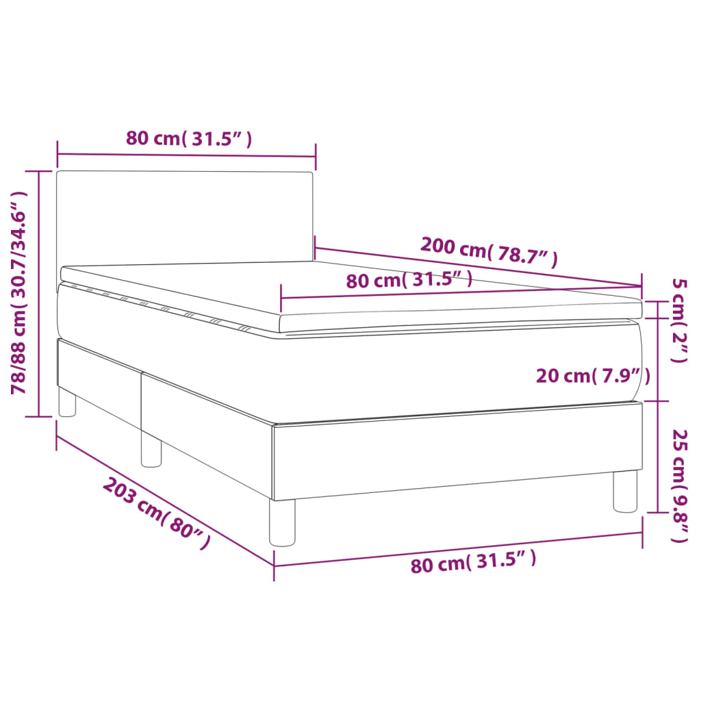 vidaXL Κρεβάτι Boxspring με Στρώμα & LED Taupe 80x200 εκ. Υφασμάτινο