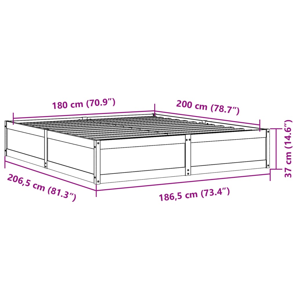 vidaXL Σκελετός Κρεβατιού Χωρίς Στρώμα 180x200 εκ Μασίφ Ξύλο Πεύκου