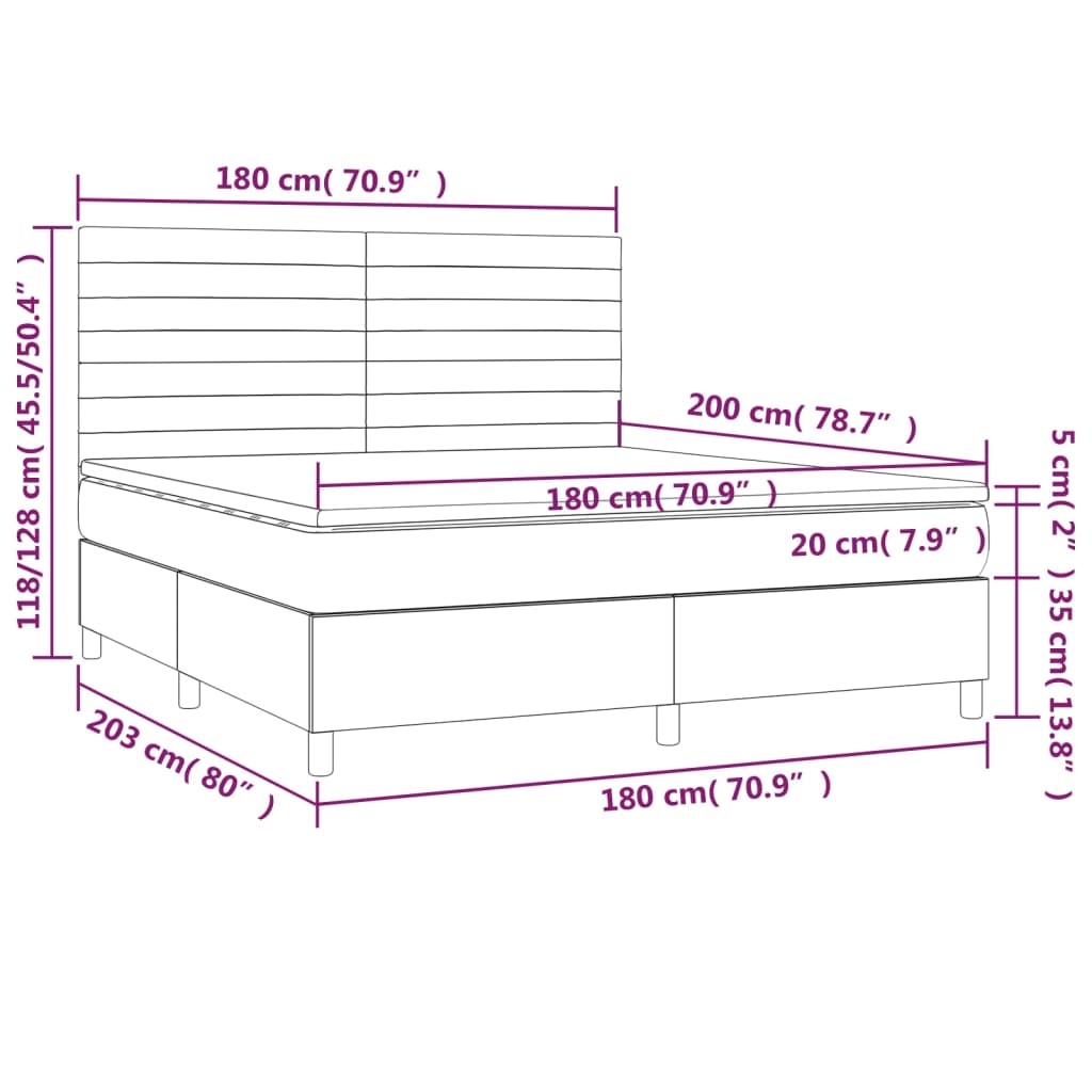 vidaXL Κρεβάτι Boxspring με Στρώμα & LED Κρεμ 180x200 εκ. Υφασμάτινο