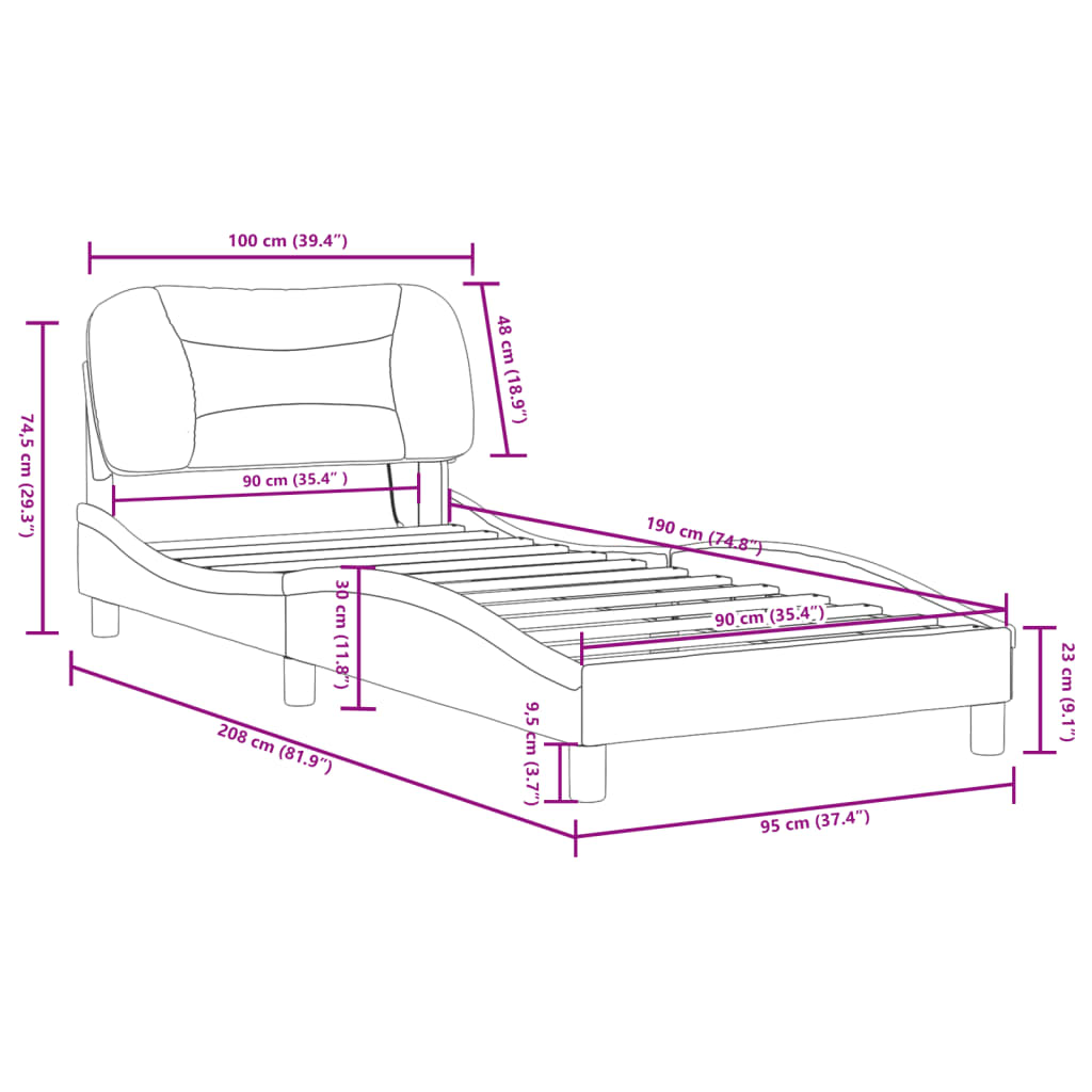 vidaXL Πλαίσιο Κρεβατιού με LED Μαύρο/Λευκό 90x190 εκ. Συνθ. Δέρμα