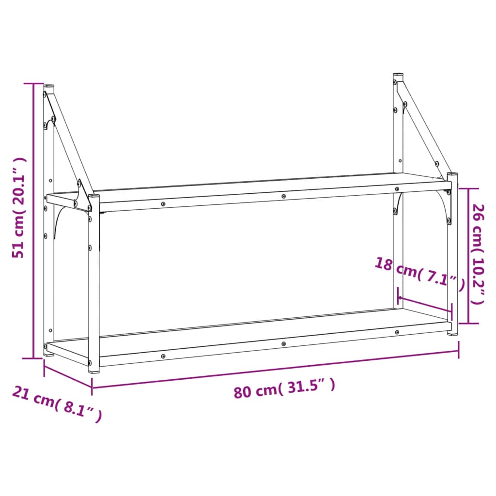 vidaXL Ραφιέρα Τοίχου με 2 Ράφια Sonoma Δρυς 80x21x51 εκ Επεξεργ. Ξύλο