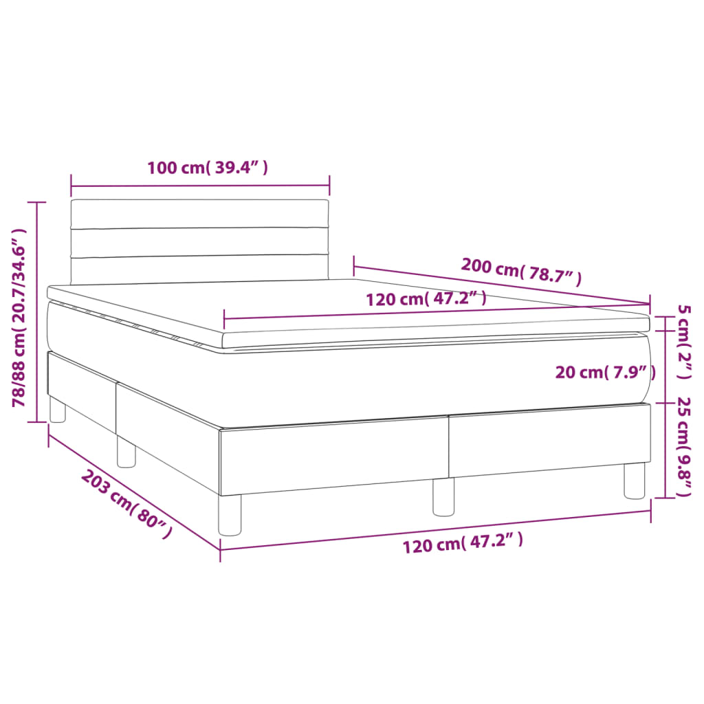 vidaXL Κρεβάτι Boxspring με Στρώμα Σκούρο Καφέ 120x200 εκ. Υφασμάτινο