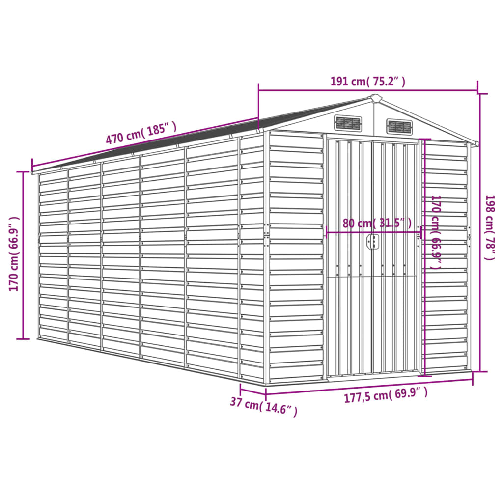 vidaXL Αποθήκη Κήπου Ανοιχτό Γκρι 191x470x198 εκ. Γαλβανισμένο Ατσάλι