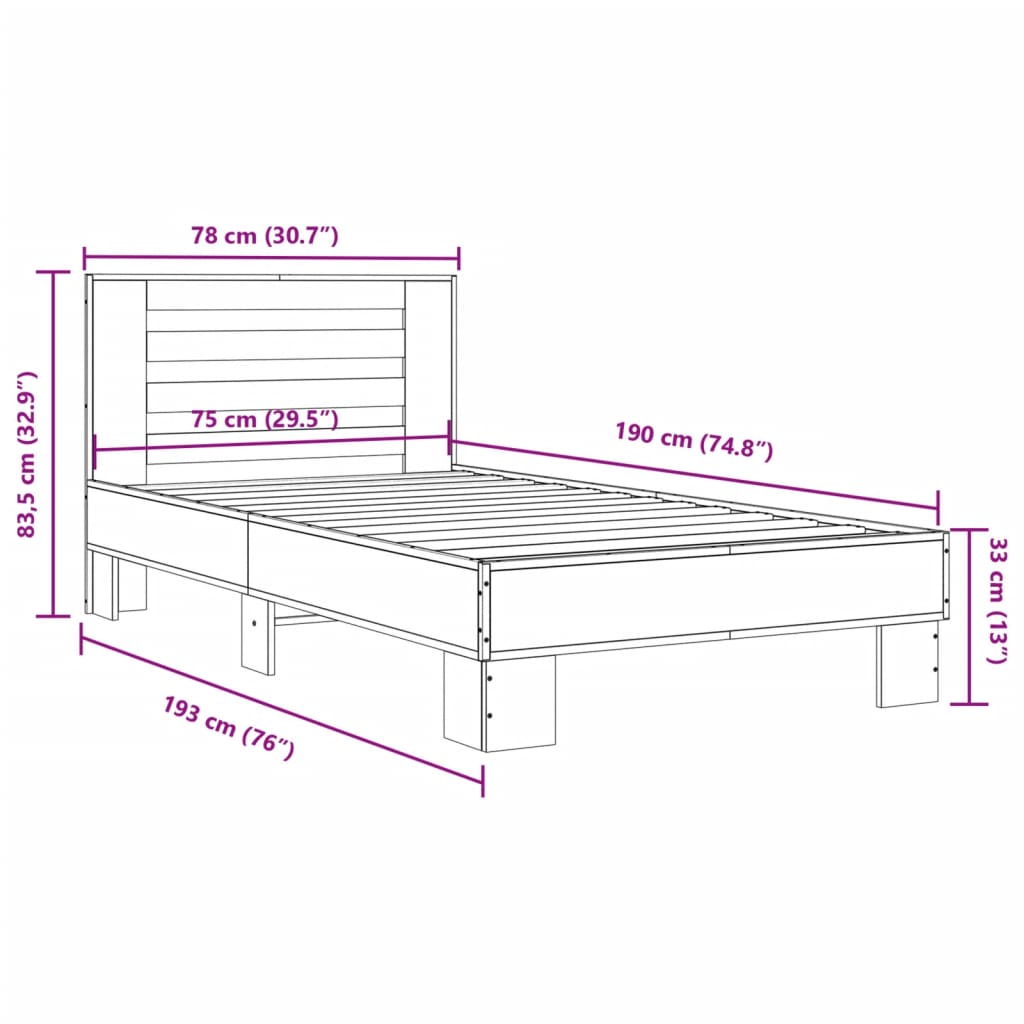 vidaXL Πλαίσιο Κρεβατιού Μαύρο 75 x 190 εκ. Επεξ. Ξύλο & Μέταλλο