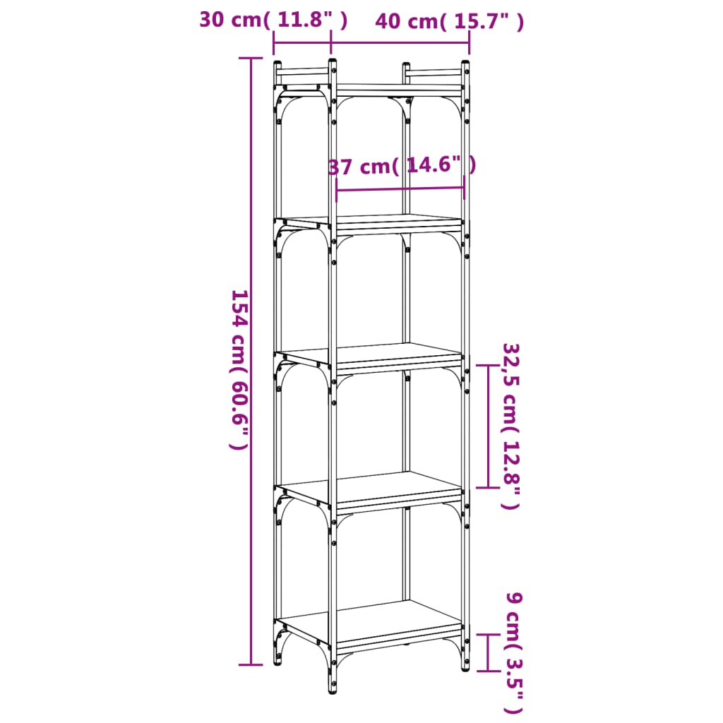 vidaXL Βιβλιοθήκη 5 Επιπέδων Μαύρη 40 x 30 x 154 εκ. από Επεξεργ. Ξύλο