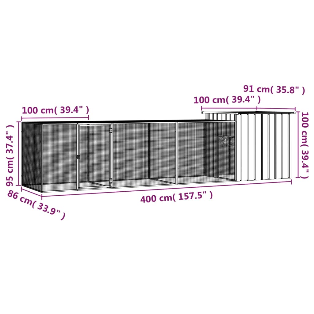 vidaXL Κοτέτσι - Κλουβί Γκρι 400x91x100 εκ. από Γαλβανισμένο Χάλυβα