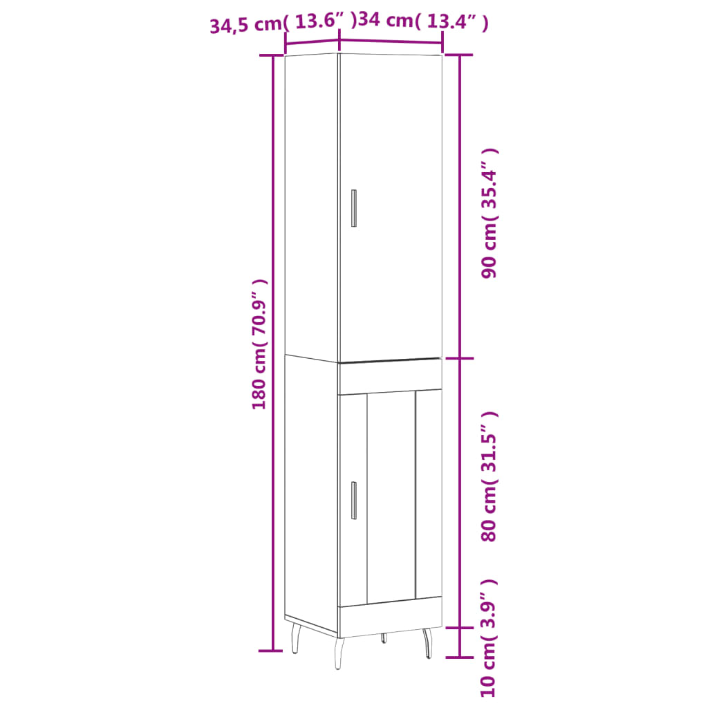 vidaXL Ντουλάπι Λευκό 34,5 x 34 x 180 εκ. από Επεξεργασμένο Ξύλο