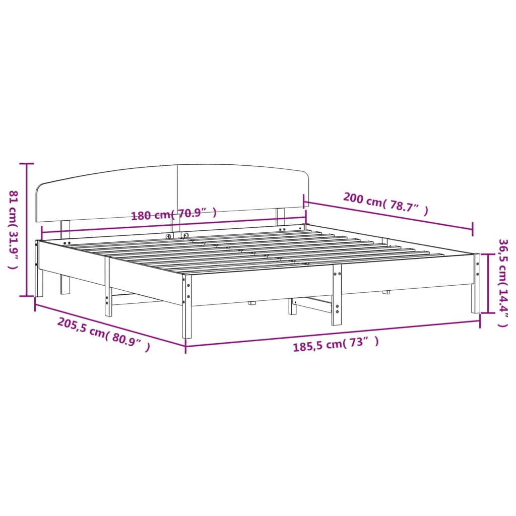 vidaXL Σκελετός Κρεβατιού Χωρίς Στρώμα 180x200 εκ Μασίφ Ξύλο Πεύκου