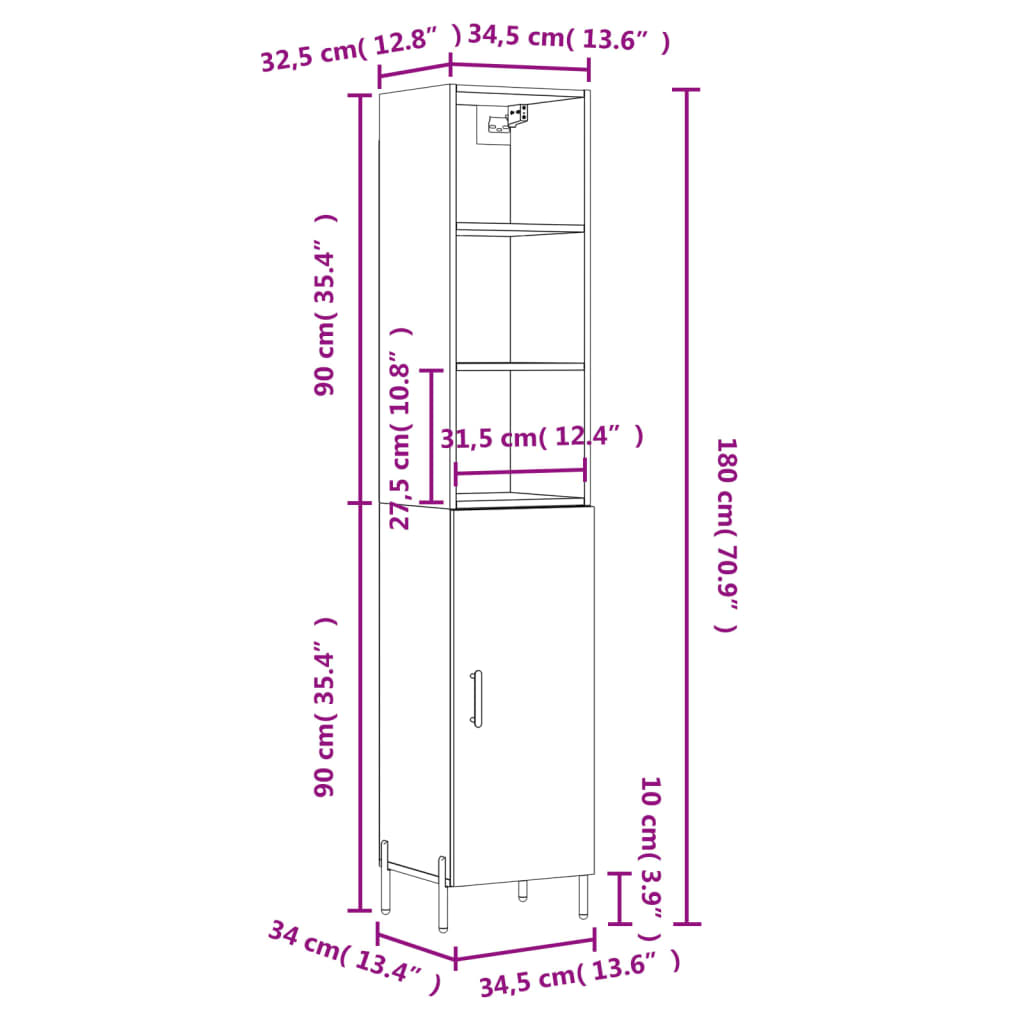 vidaXL Ντουλάπι Γκρι Σκυροδέματος 34,5x34x180 εκ. Επεξεργασμένο Ξύλο