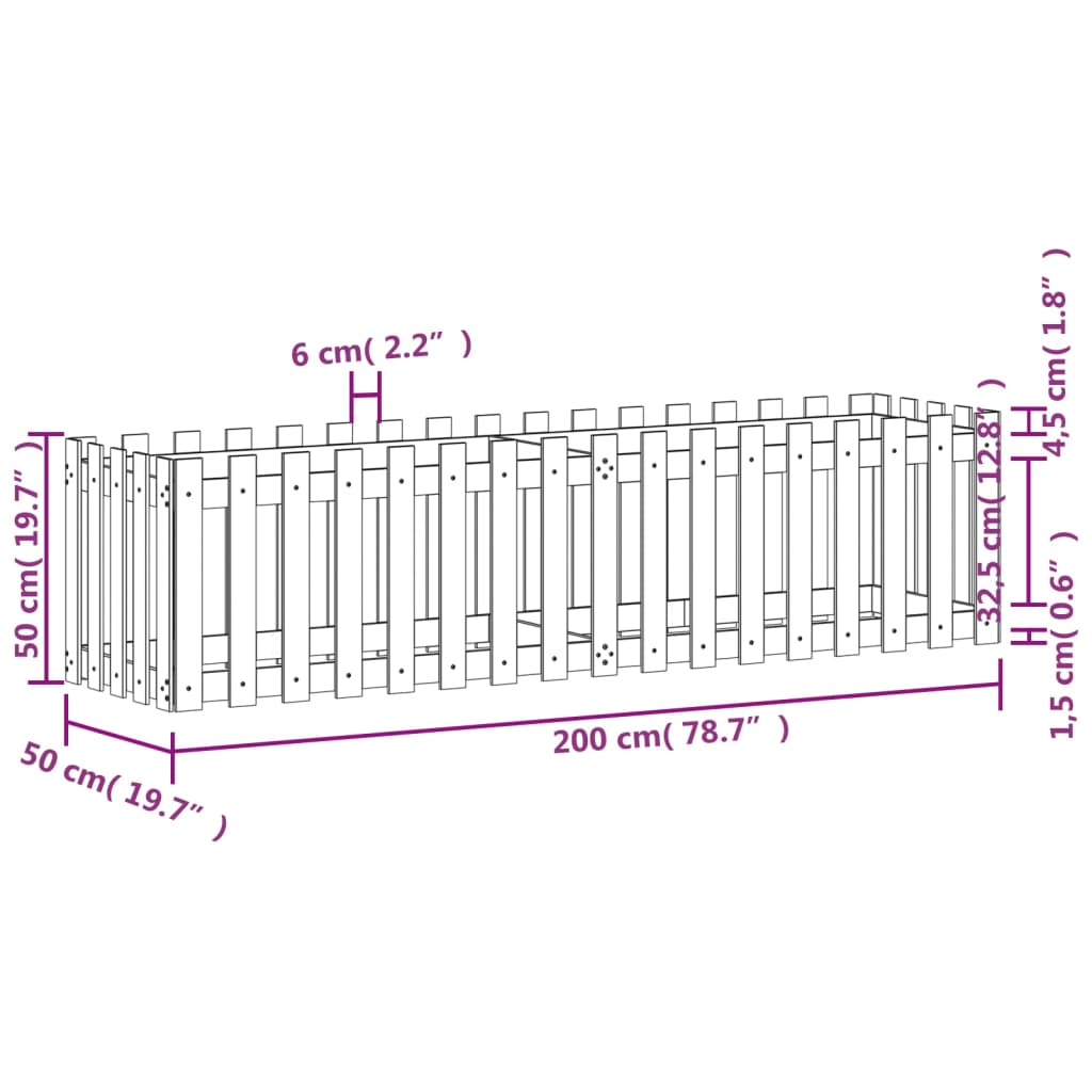 vidaXL Ζαρντινιέρα με Σχέδιο Φράχτη Λευκή 200x50x50 εκ. Μασίφ Πεύκο