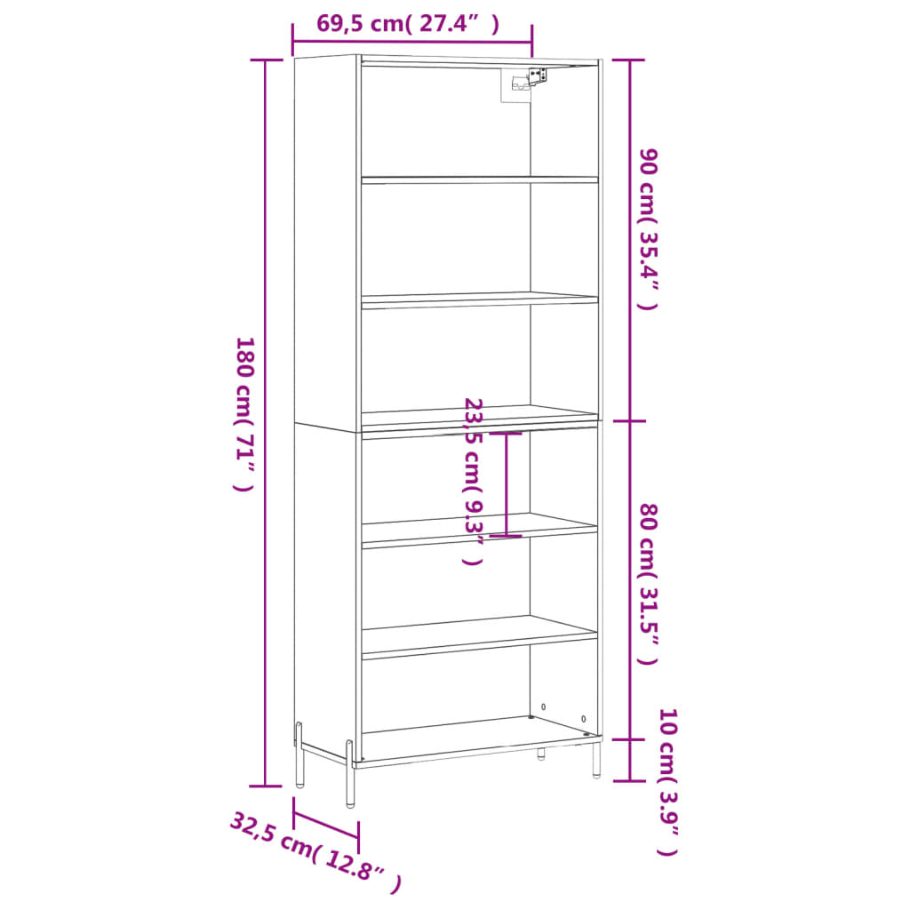 vidaXL Ντουλάπι Λευκό 69,5x32,5x180 εκ. Επεξεργασμένο Ξύλο