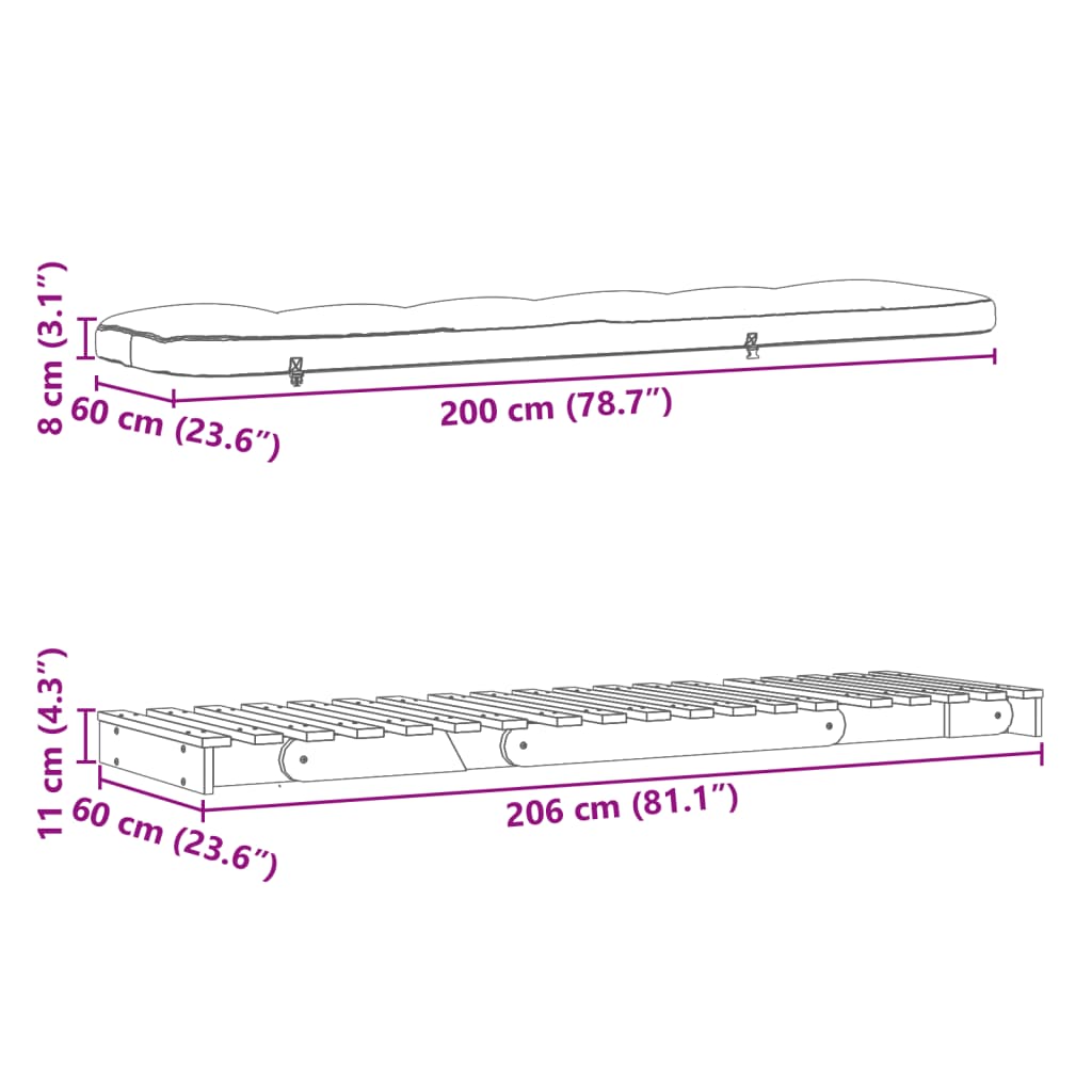 vidaXL Καναπές Κρεβάτι Futon/Στρώμα 60x206x11 Μασίφ Ξύλο Ψευδοτσούγκα