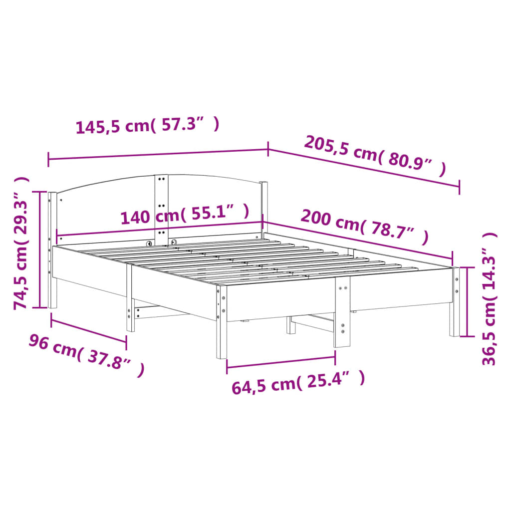 vidaXL Σκελετός Κρεβατιού Χωρίς Στρώμα Καφέ 140x200 Μασίφ Ξύλο Πεύκου