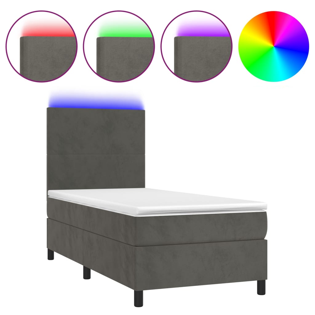 vidaXL Κρεβάτι Boxspring με Στρώμα & LED Σκ. Γκρι 90x200 εκ. Βελούδινο