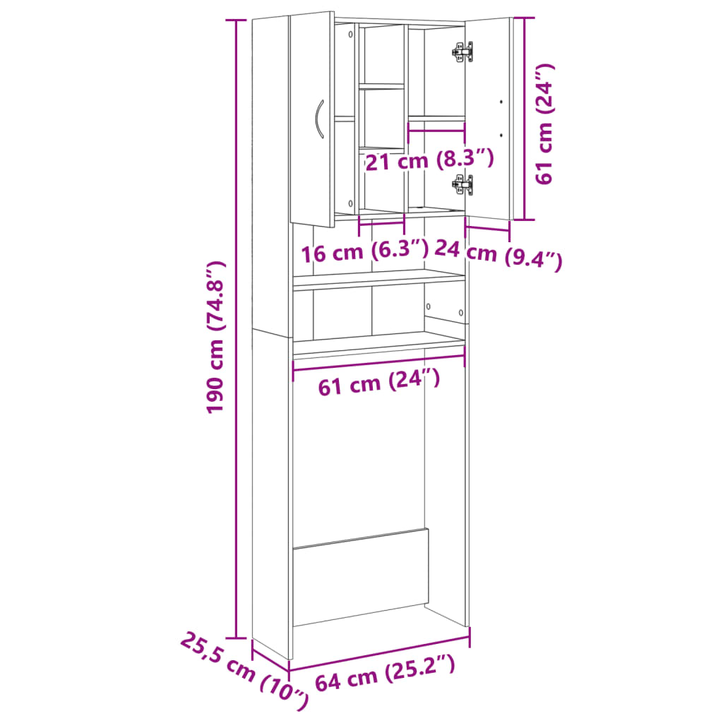 vidaXL Ντουλάπι Πλυντηρίου Sonoma Δρυς 64 x 25,5 x 190 εκ.