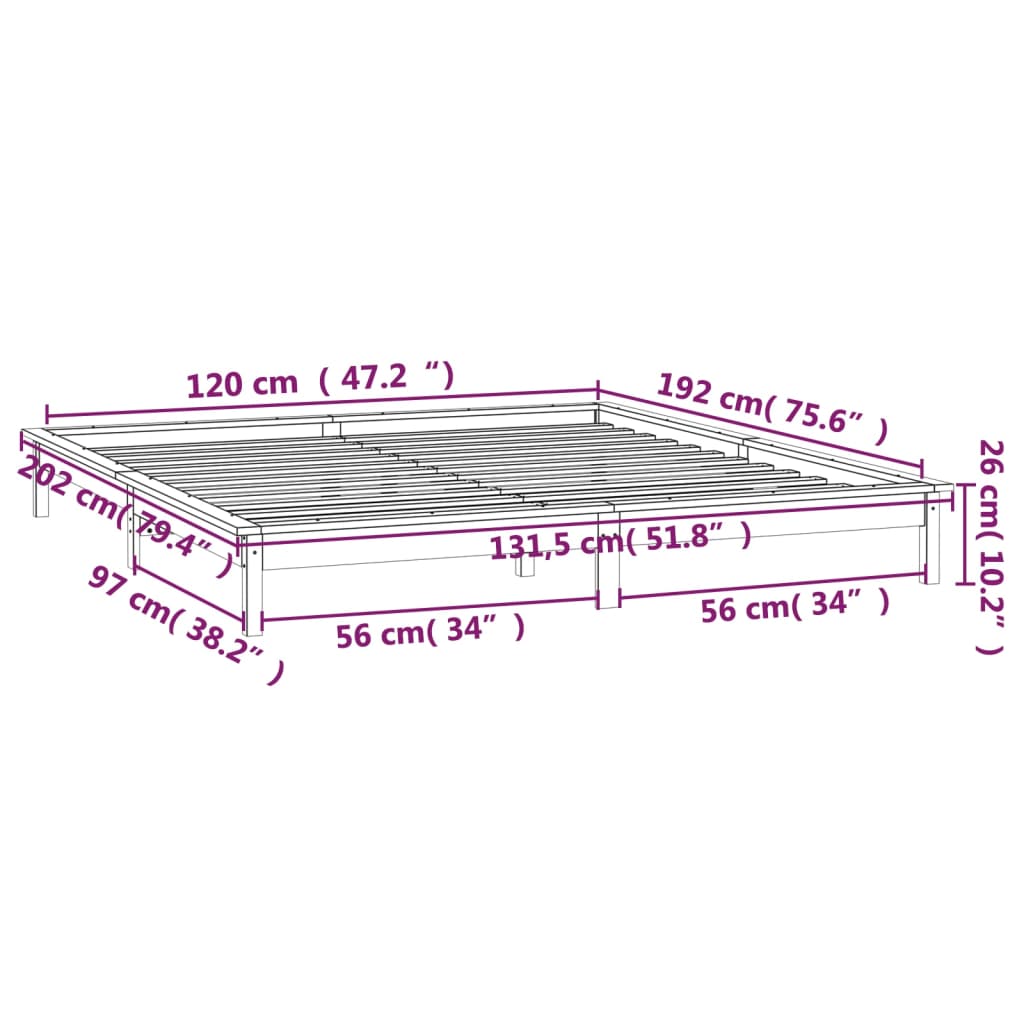 vidaXL Πλαίσιο Κρεβατιού LED 120x190 εκ. Μικρό Διπλό Μασίφ Ξύλο