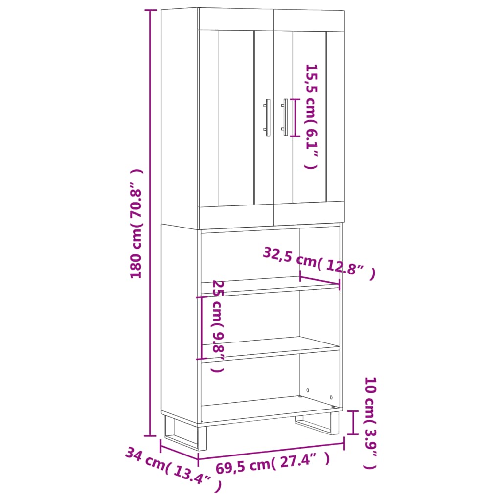 vidaXL Ντουλάπι Γκρι Σκυροδέματος 69,5x34x180 εκ. Επεξεργασμένο Ξύλο