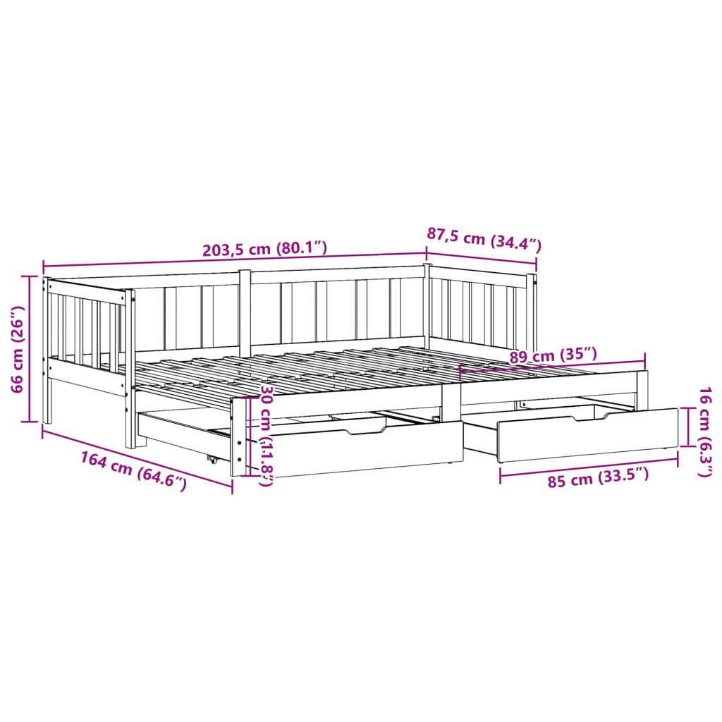 vidaXL Καναπές Κρεβάτι Συρόμενος Χωρίς Στρώμα 80x200 εκ. & Συρτάρια