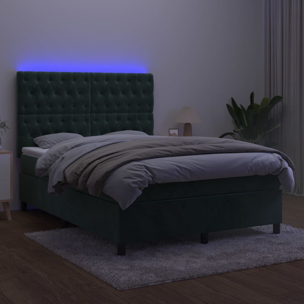 vidaXL Κρεβάτι Boxspring με Στρώμα & LED Σκ. Πράσινο 140x190εκ Βελούδο