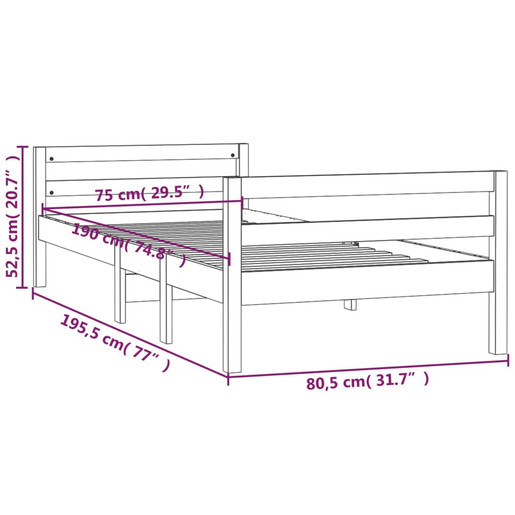 vidaXL Σκελετός Κρεβατιού Χωρίς Στρώμα 75x190 εκ Μασίφ Ξύλο Πεύκου