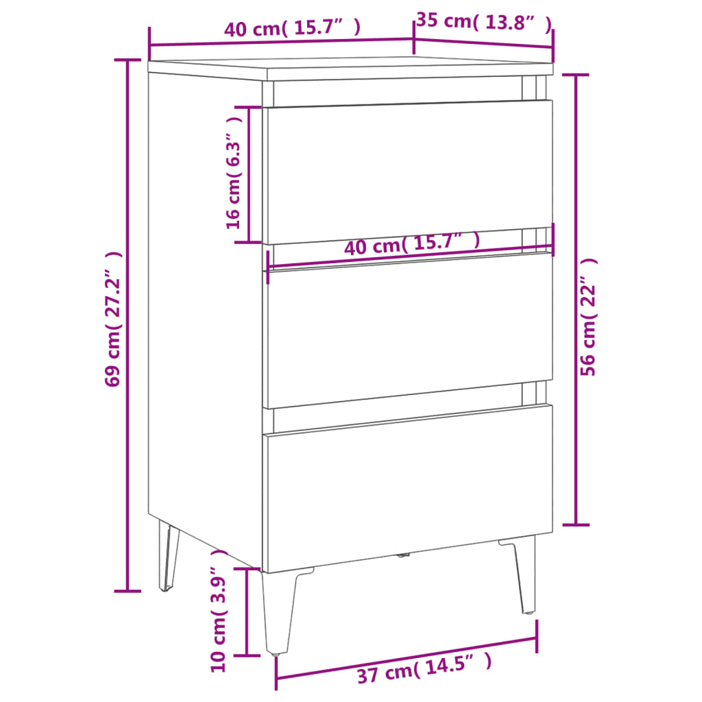 vidaXL Κομοδίνο Γκρι Sonoma 40 x 35 x 69 εκ. με Μεταλλικά Πόδια