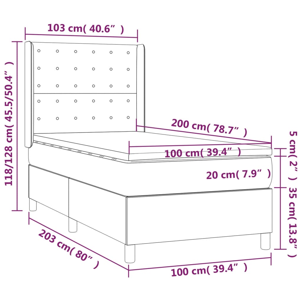 vidaXL Κρεβάτι Boxspring με Στρώμα & LED Μαύρο 100x200 εκ. Βελούδινο