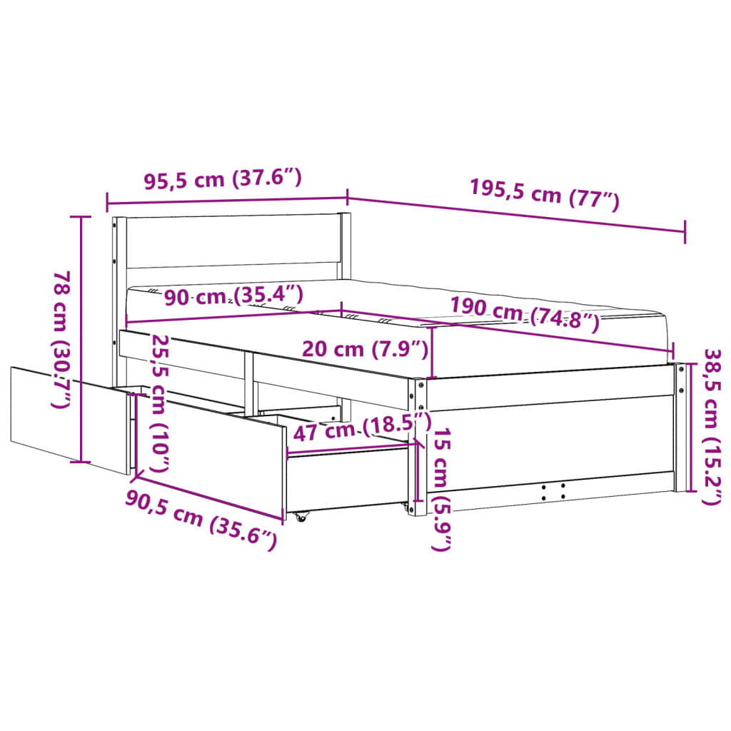 vidaXL Κρεβάτι με Συρτάρια+Στρώμα Λευκό 90x190 εκ. Μασίφ Ξύλο Πεύκου