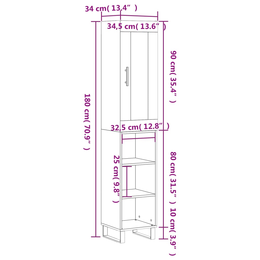 vidaXL Ντουλάπι Γυαλ. Λευκό 34,5 x 34 x 180 εκ. από Επεξεργασμένο Ξύλο