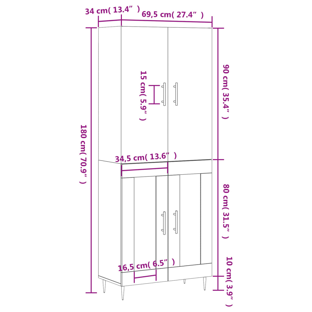 vidaXL Ντουλάπι Γκρι Sonoma 69,5 x 34 x 180 εκ. Επεξεργασμένο Ξύλο