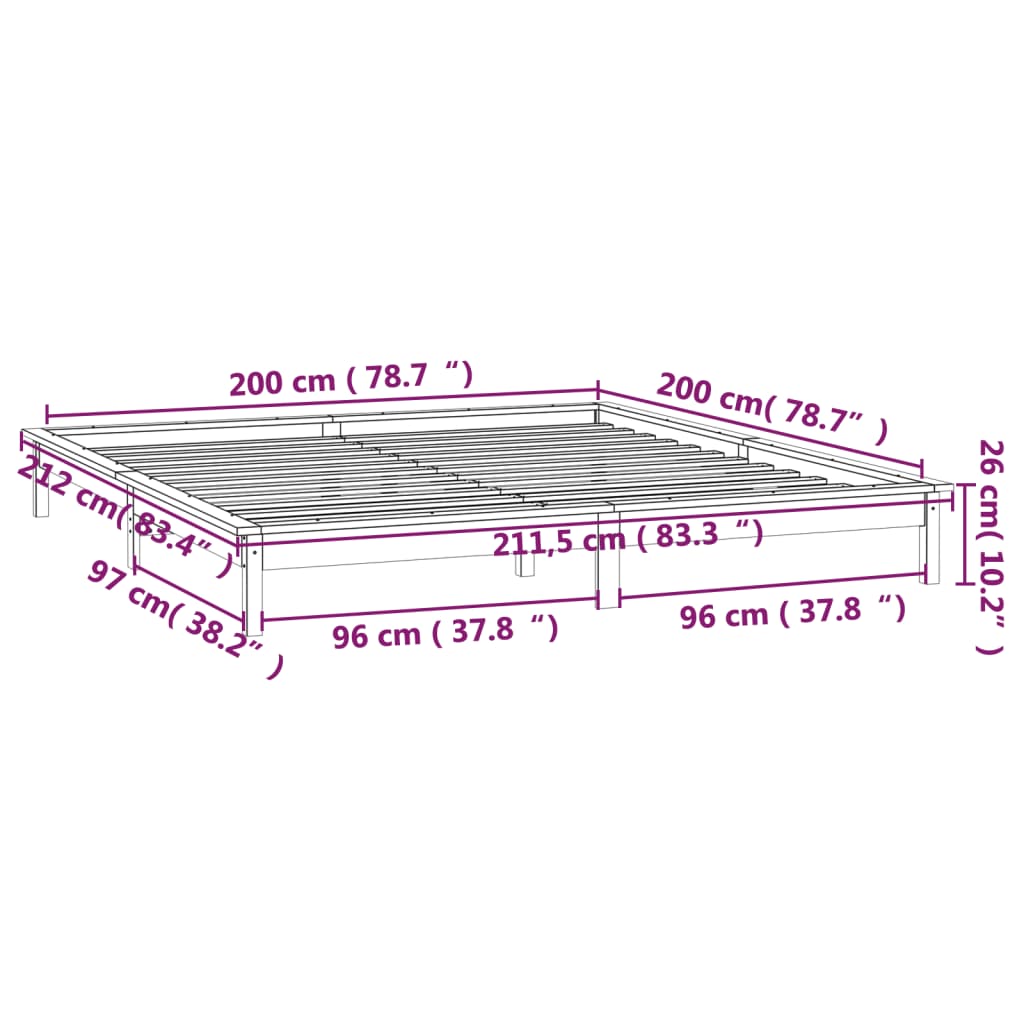 vidaXL Πλαίσιο Κρεβατιού με LED Μελί 200 x 200 εκ. από Μασίφ Ξύλο